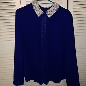 Sheer cobalt blue top with pearl collar